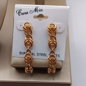 NEW VINTAGE CARA MIA Rare Gold Chain Link Drop SURGICAL STEEL Earrings